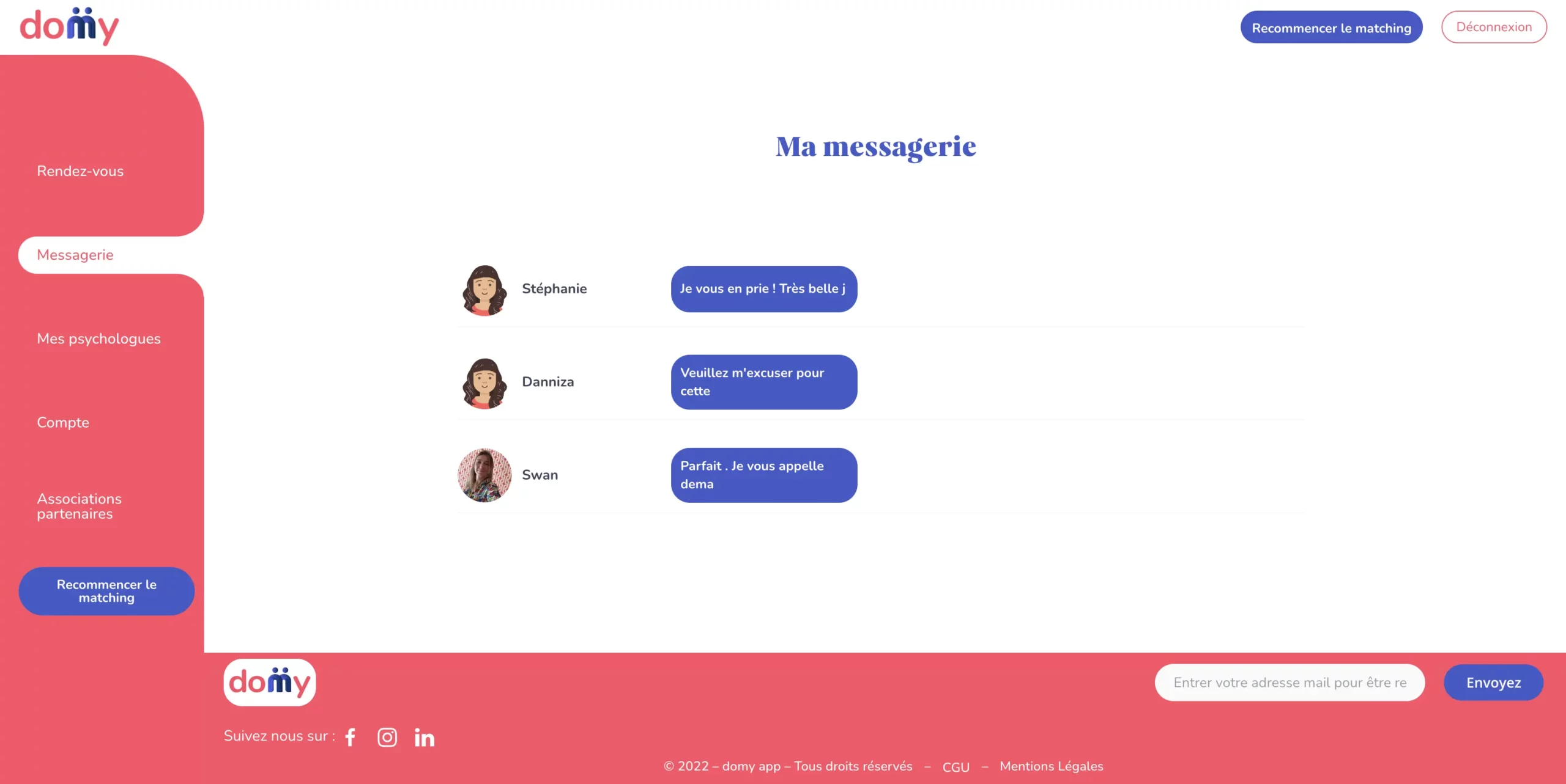 Écran messagerie - Plateforme de mise en relation psychologues patients