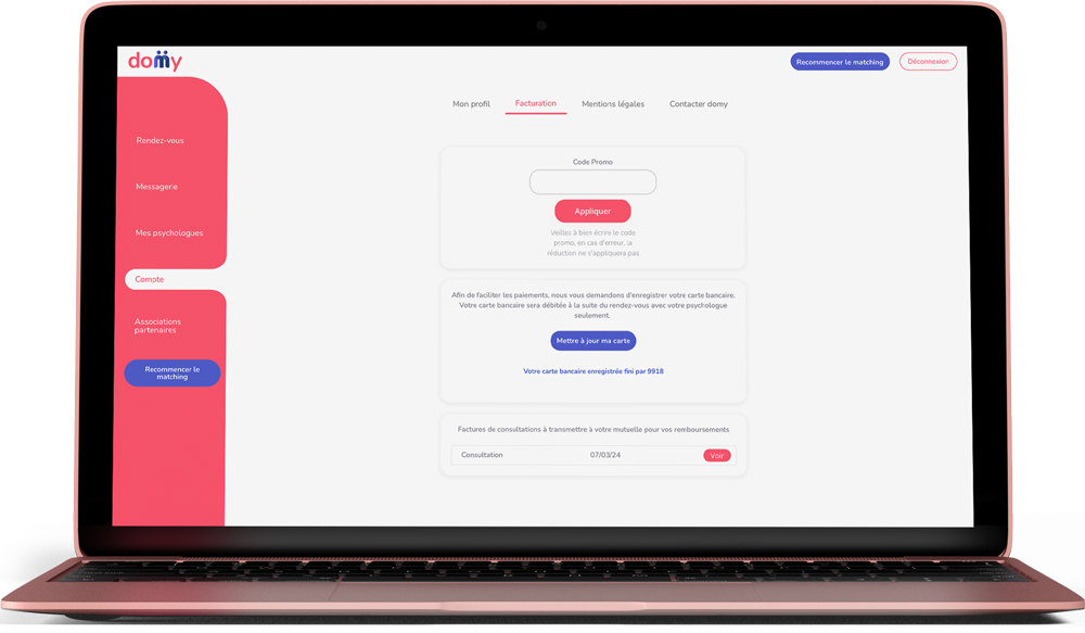 Mockup plateforme compte domy - Plateforme de mise en relation psychologues patients